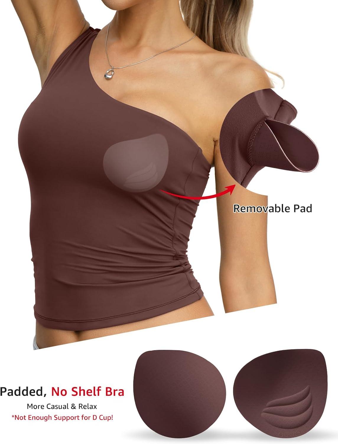 image:imageWomens Padded Double Lined Tank Tops One Shoulder Built in Bra Crop Tops Slim Fit Y2k Going Out Summer Clothes 2026Brown