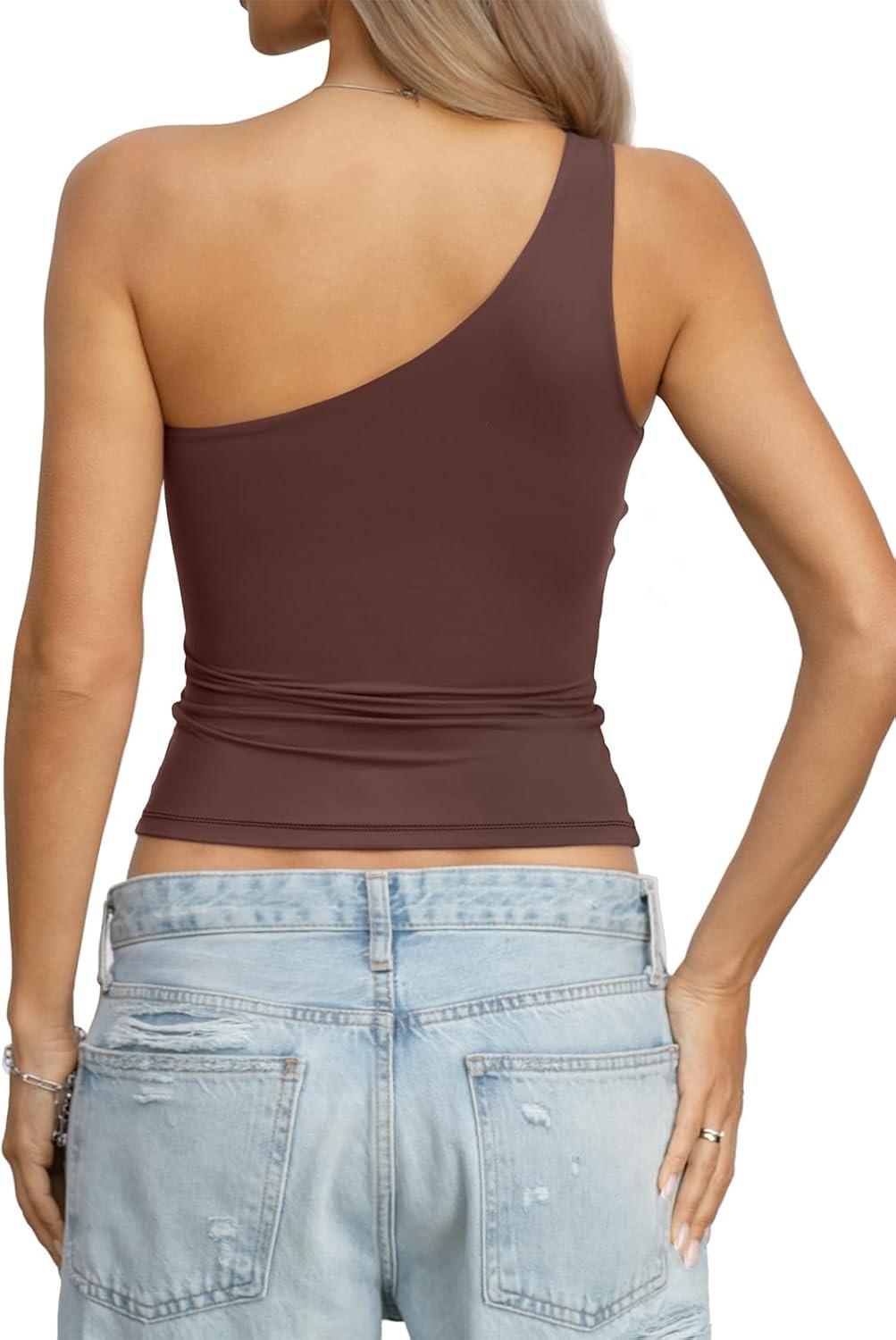 image:imageWomens Padded Double Lined Tank Tops One Shoulder Built in Bra Crop Tops Slim Fit Y2k Going Out Summer Clothes 2026Brown