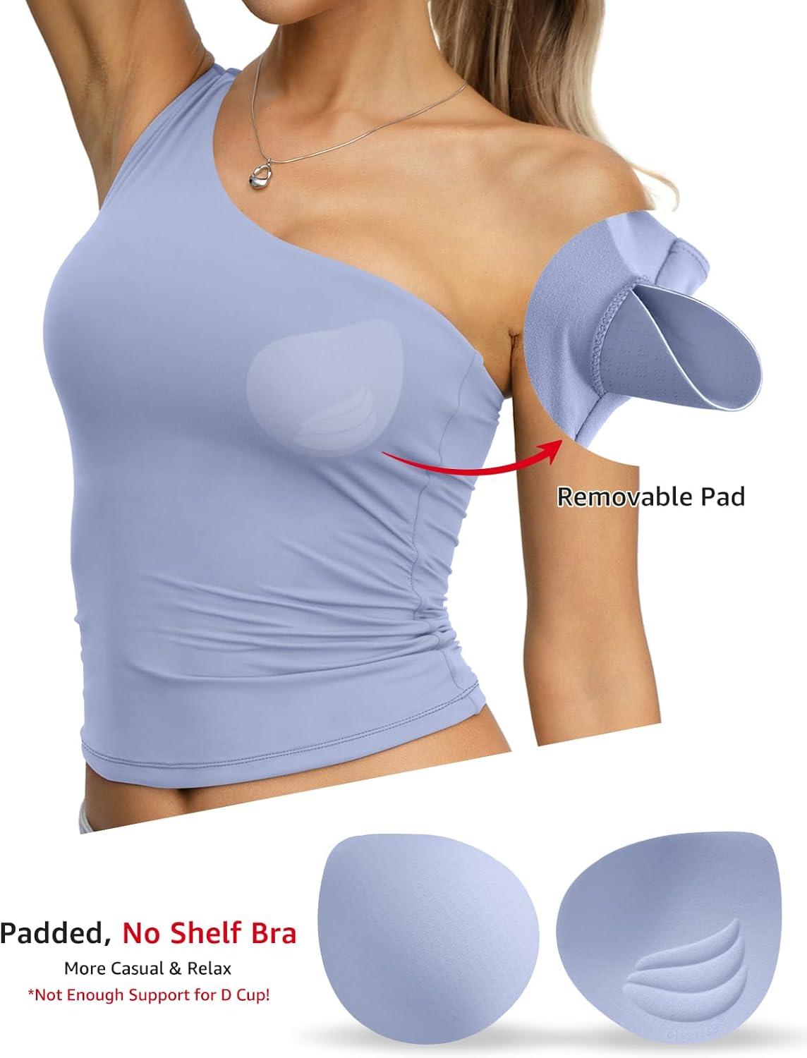 image:imageWomens Padded Double Lined Tank Tops One Shoulder Built in Bra Crop Tops Slim Fit Y2k Going Out Summer Clothes 2026Light Blue