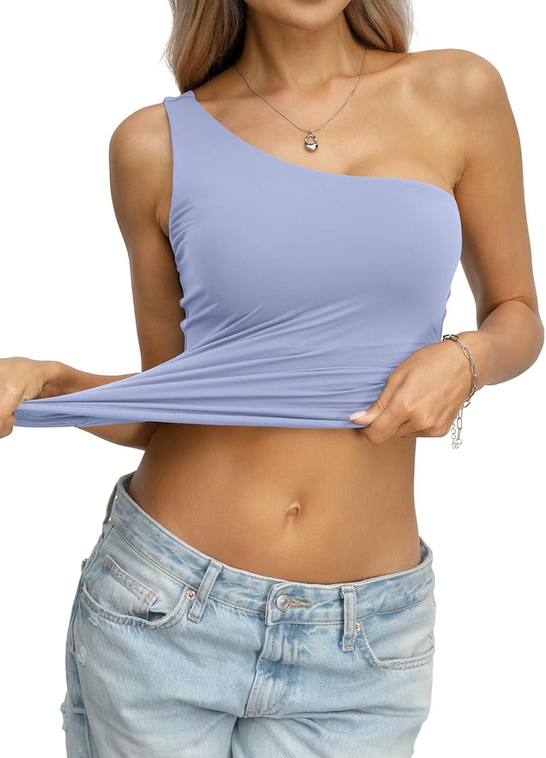 image:imageWomens Padded Double Lined Tank Tops One Shoulder Built in Bra Crop Tops Slim Fit Y2k Going Out Summer Clothes 2026Light Blue
