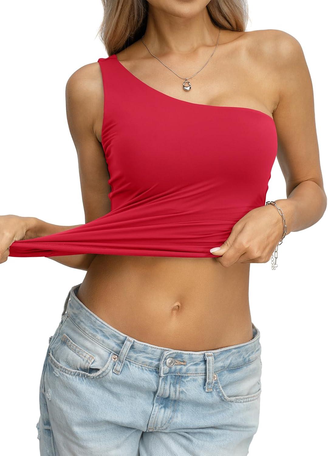 image:imageWomens Padded Double Lined Tank Tops One Shoulder Built in Bra Crop Tops Slim Fit Y2k Going Out Summer Clothes 2026Red
