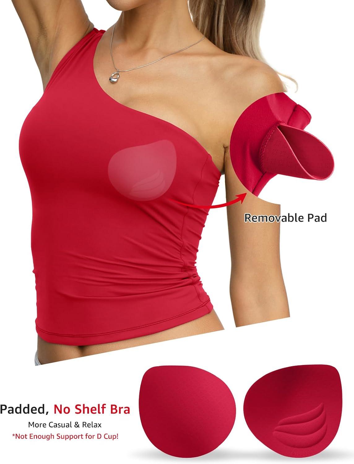 image:imageWomens Padded Double Lined Tank Tops One Shoulder Built in Bra Crop Tops Slim Fit Y2k Going Out Summer Clothes 2026Red