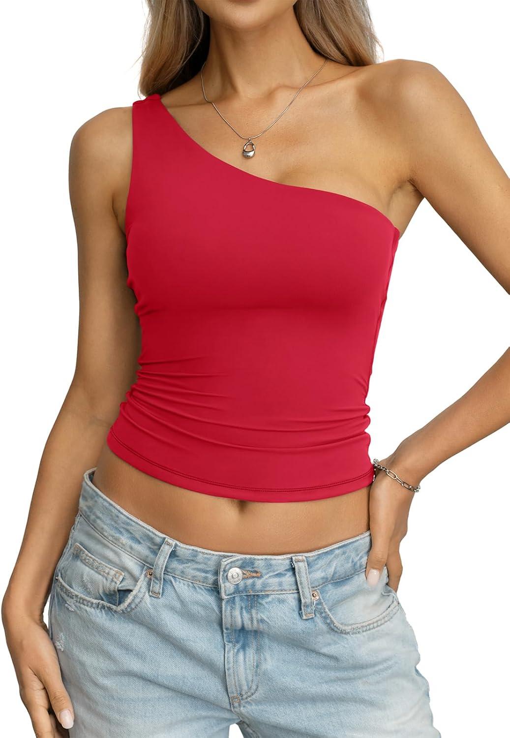 image:imageWomens Padded Double Lined Tank Tops One Shoulder Built in Bra Crop Tops Slim Fit Y2k Going Out Summer Clothes 2026Red
