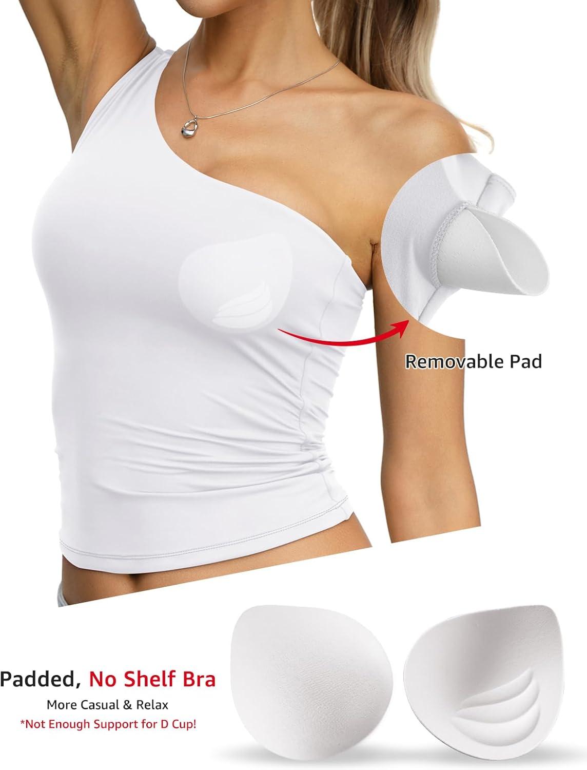 image:imageWomens Padded Double Lined Tank Tops One Shoulder Built in Bra Crop Tops Slim Fit Y2k Going Out Summer Clothes 2026White