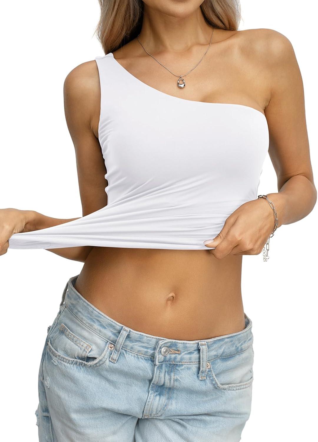 image:imageWomens Padded Double Lined Tank Tops One Shoulder Built in Bra Crop Tops Slim Fit Y2k Going Out Summer Clothes 2026White