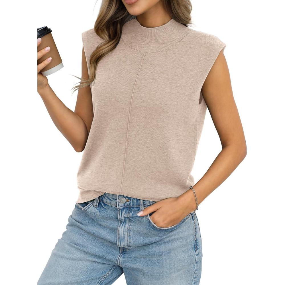 image:imageWomens Wool Blend Mock Neck Tanks Loose Fit Sleeveless Sweaters Vest Fashion Business Tops Casual Summer 2026Apricot