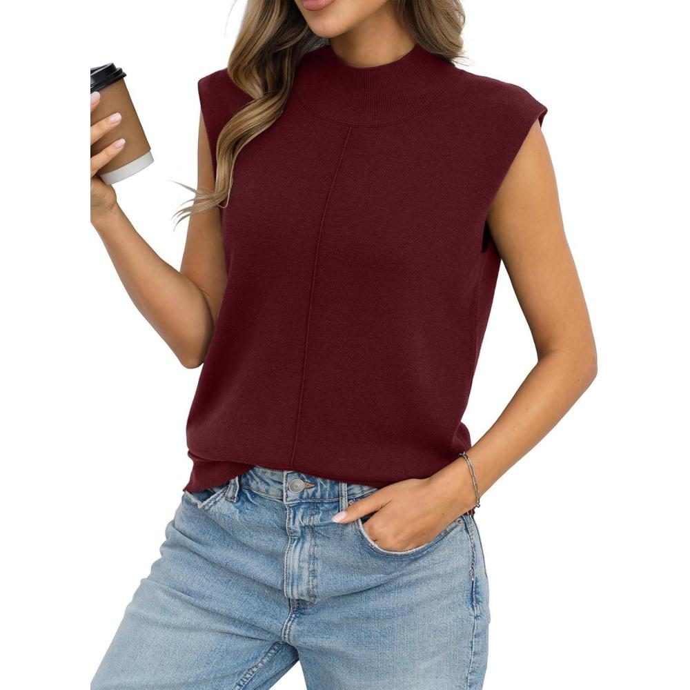 image:imageWomens Wool Blend Mock Neck Tanks Loose Fit Sleeveless Sweaters Vest Fashion Business Tops Casual Summer 2026Burgundy Red