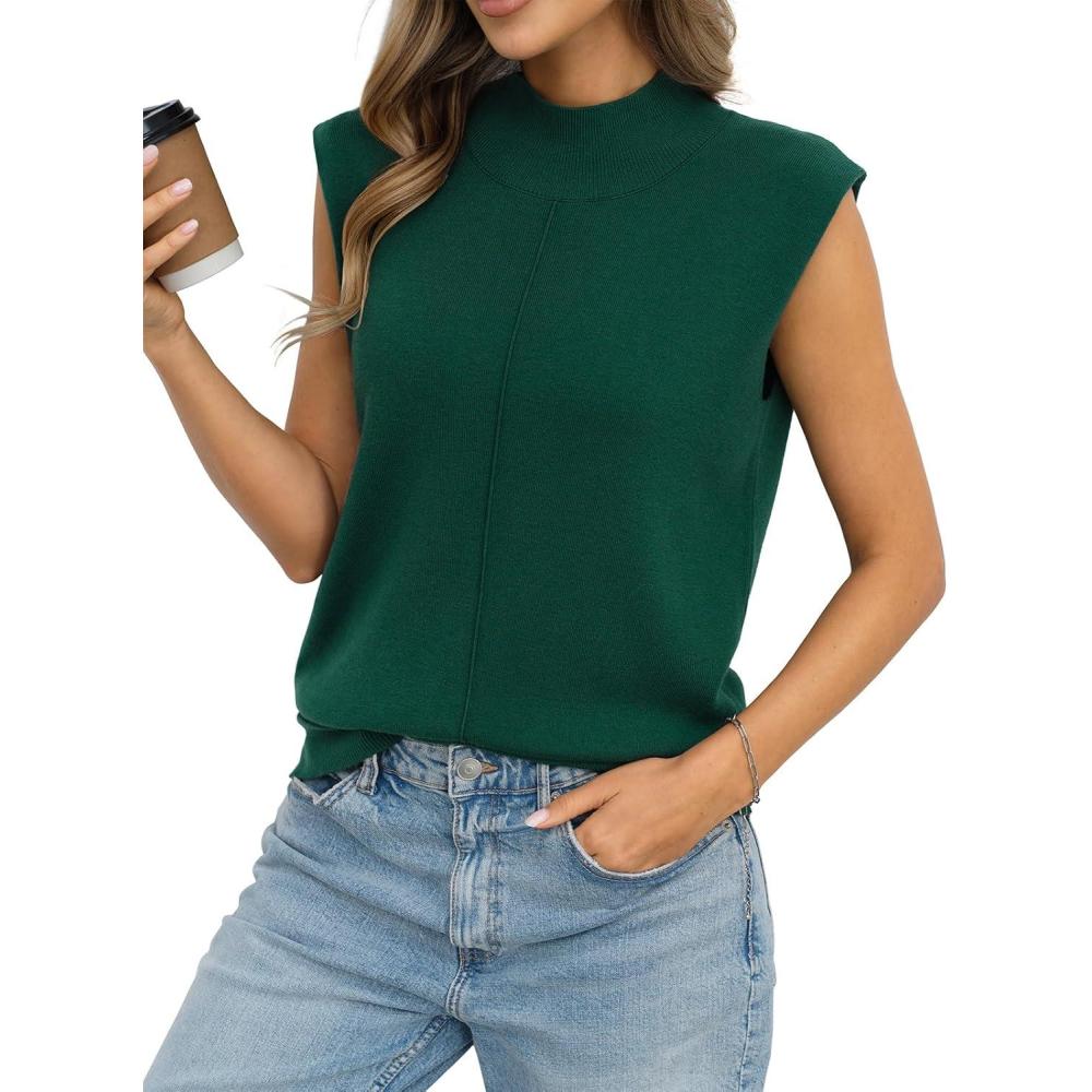 image:imageWomens Wool Blend Mock Neck Tanks Loose Fit Sleeveless Sweaters Vest Fashion Business Tops Casual Summer 2026Green