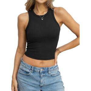 Womens Cotton Ribbed Crop Tank Tops High Neck Sleeveless Basic Shirts Racerback Slim Fitted Summer Clothes 2026(Black)