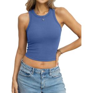 Womens Cotton Ribbed Crop Tank Tops High Neck Sleeveless Basic Shirts Racerback Slim Fitted Summer Clothes 2026(Blue)
