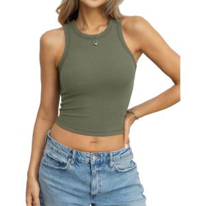 Womens Cotton Ribbed Crop Tank Tops High Neck Sleeveless Basic Shirts Racerback Slim Fitted Summer Clothes 2026(Green)