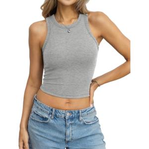 Womens Cotton Ribbed Crop Tank Tops High Neck Sleeveless Basic Shirts Racerback Slim Fitted Summer Clothes 2026(Heather Grey)