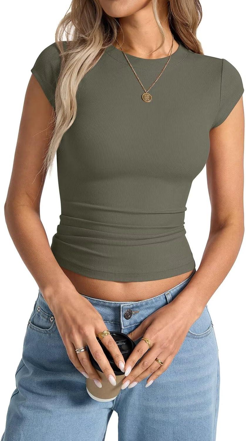 image:imageWomens Cap Sleeve Tops Summer Crew Neck Short Sleeve Shirts Slim Fit Basic Ribbed Tees Y2K Going Out Crop TopsArmy Green