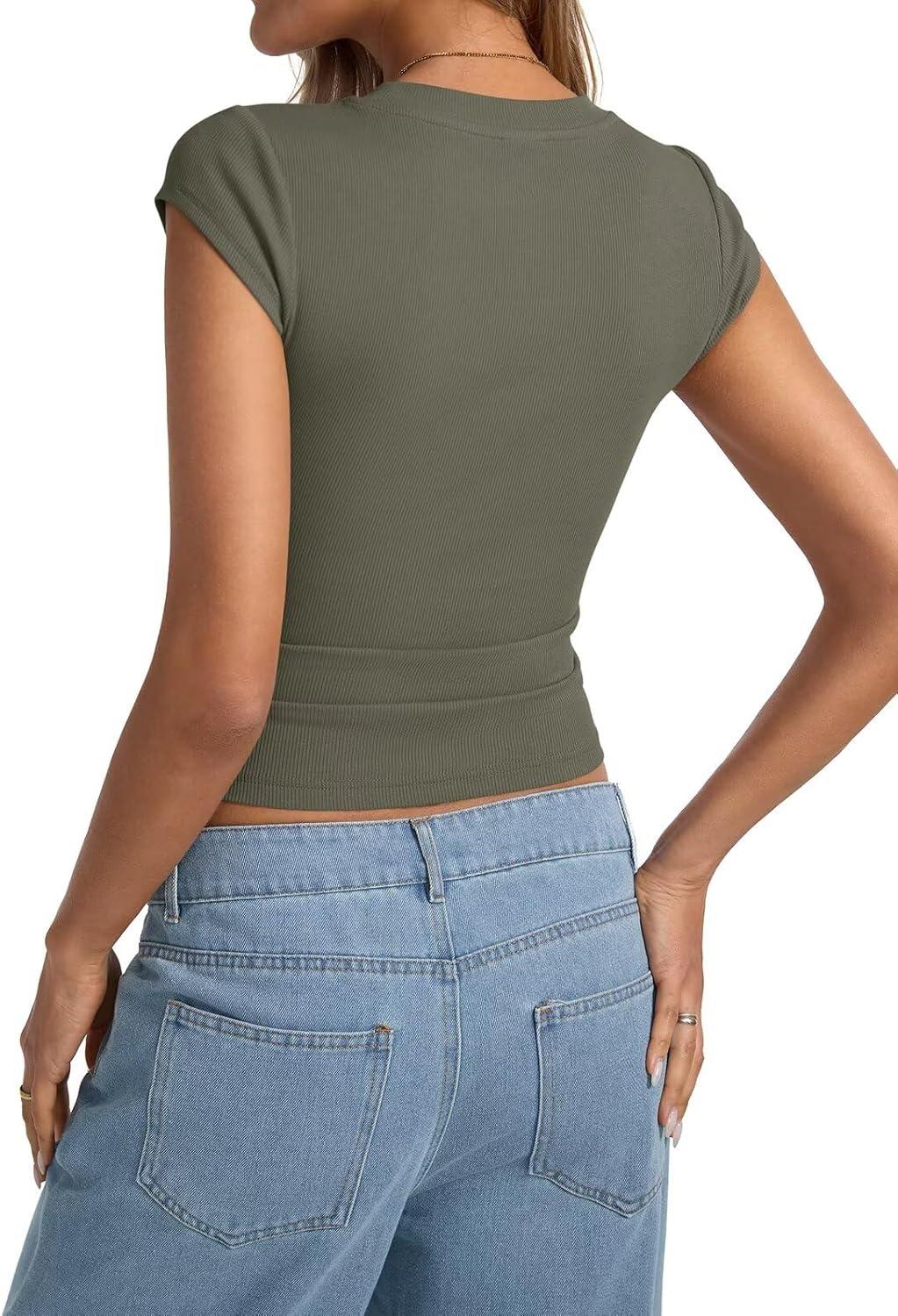 image:imageWomens Cap Sleeve Tops Summer Crew Neck Short Sleeve Shirts Slim Fit Basic Ribbed Tees Y2K Going Out Crop TopsArmy Green