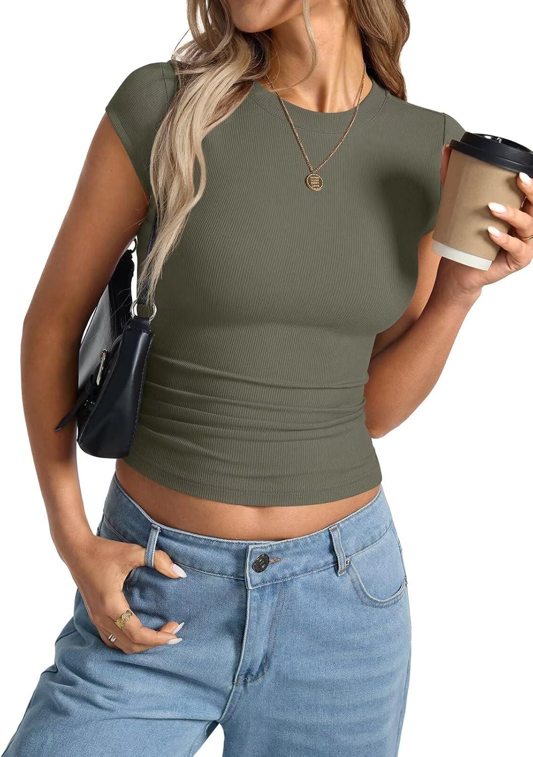 image:imageWomens Cap Sleeve Tops Summer Crew Neck Short Sleeve Shirts Slim Fit Basic Ribbed Tees Y2K Going Out Crop TopsArmy Green