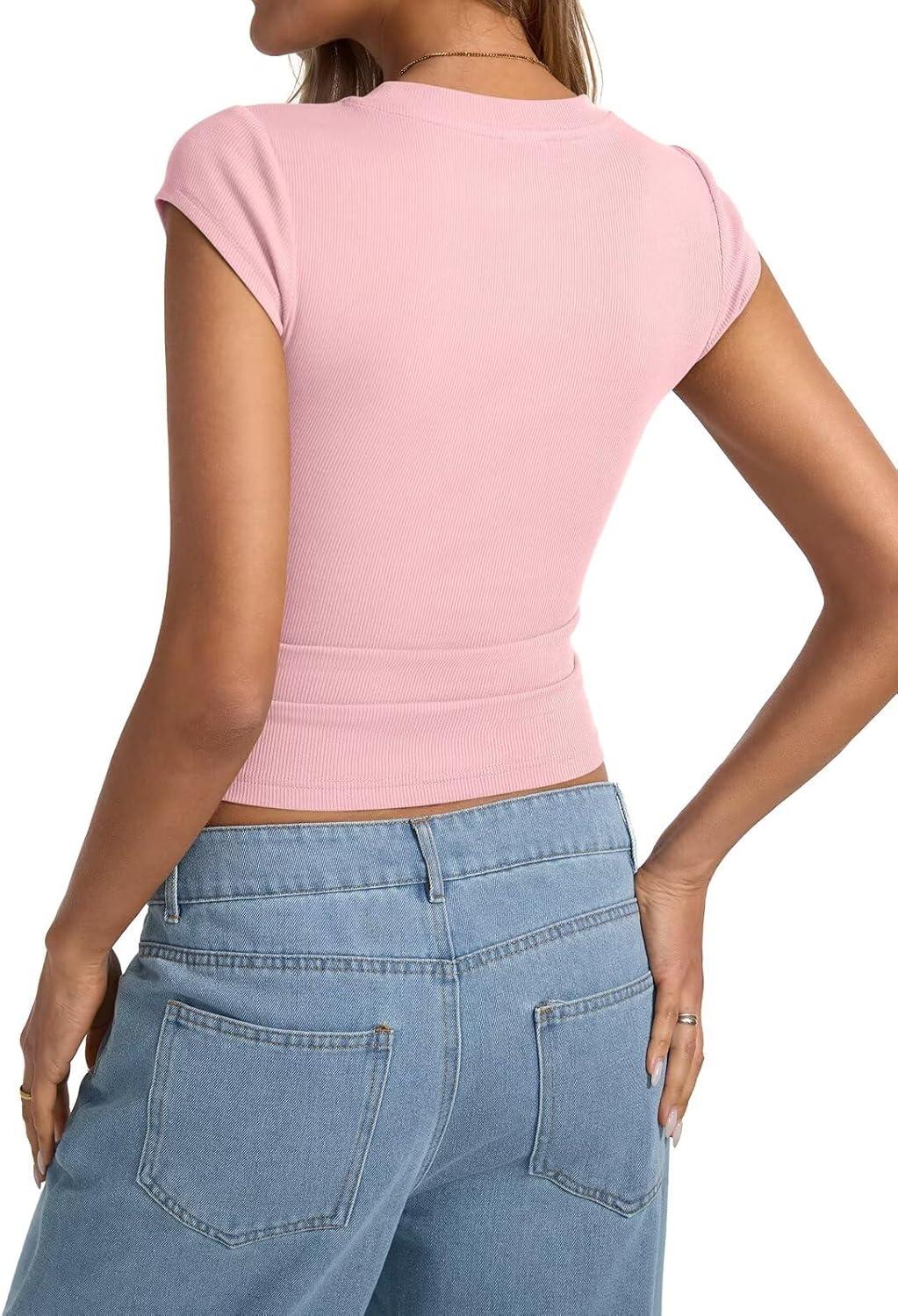 image:imageWomens Cap Sleeve Tops Summer Crew Neck Short Sleeve Shirts Slim Fit Basic Ribbed Tees Y2K Going Out Crop TopsBaby Pink