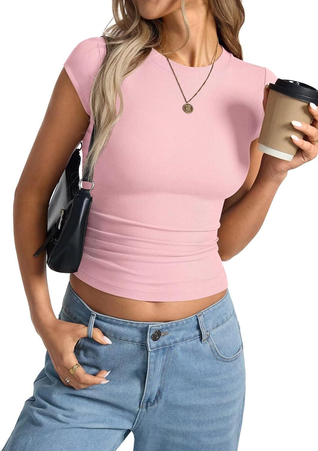 image:imageWomens Cap Sleeve Tops Summer Crew Neck Short Sleeve Shirts Slim Fit Basic Ribbed Tees Y2K Going Out Crop TopsBaby Pink