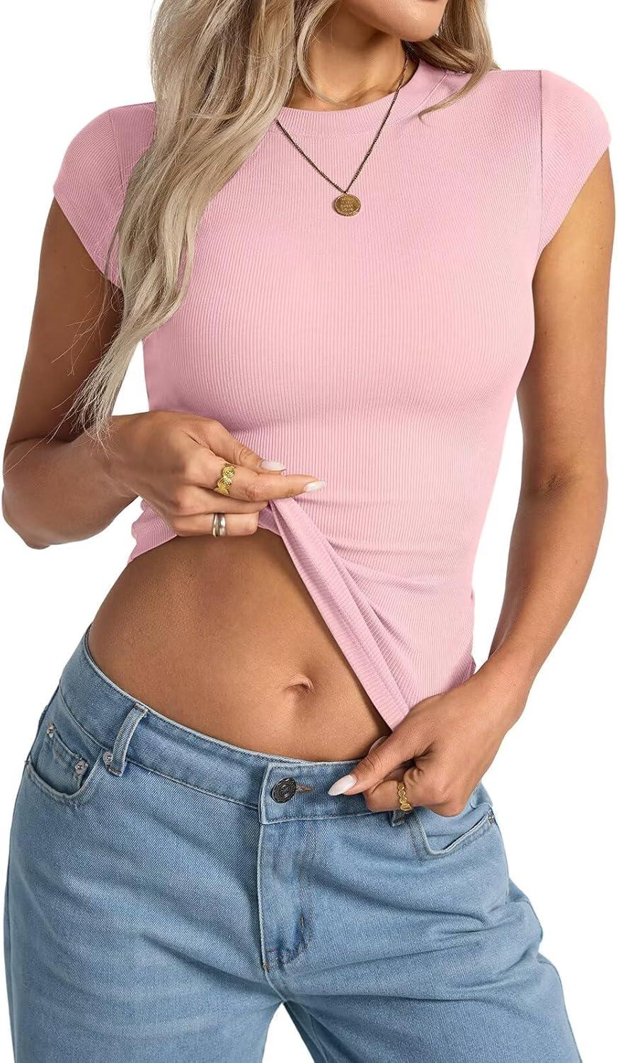 image:imageWomens Cap Sleeve Tops Summer Crew Neck Short Sleeve Shirts Slim Fit Basic Ribbed Tees Y2K Going Out Crop TopsBaby Pink