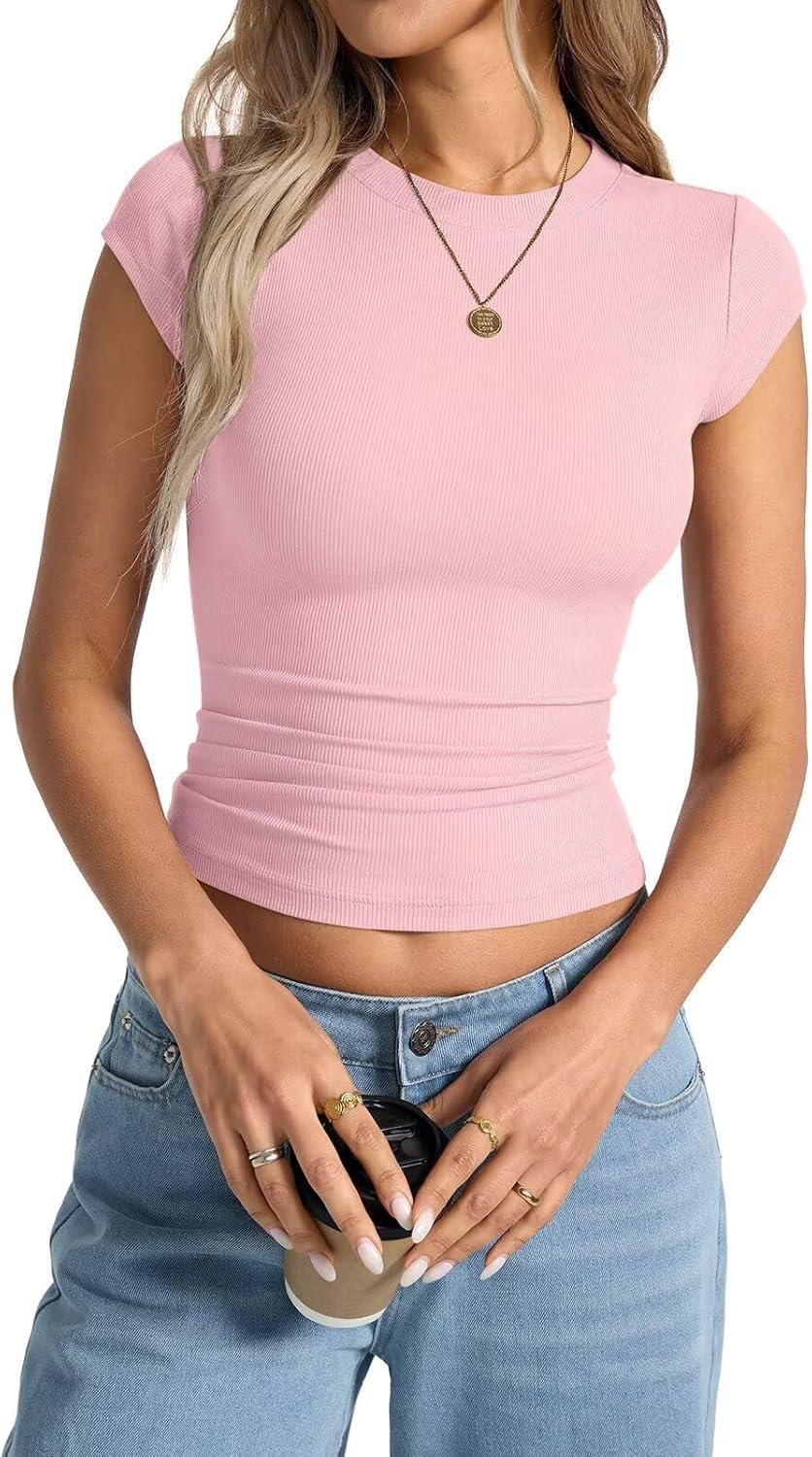 image:imageWomens Cap Sleeve Tops Summer Crew Neck Short Sleeve Shirts Slim Fit Basic Ribbed Tees Y2K Going Out Crop TopsBaby Pink