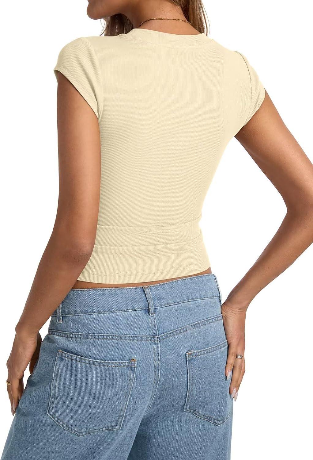 image:imageWomens Cap Sleeve Tops Summer Crew Neck Short Sleeve Shirts Slim Fit Basic Ribbed Tees Y2K Going Out Crop TopsBeige