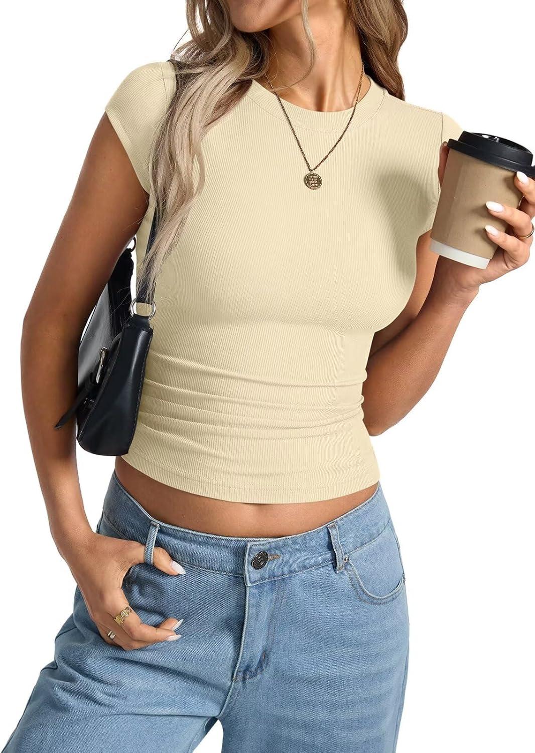 image:imageWomens Cap Sleeve Tops Summer Crew Neck Short Sleeve Shirts Slim Fit Basic Ribbed Tees Y2K Going Out Crop TopsBeige