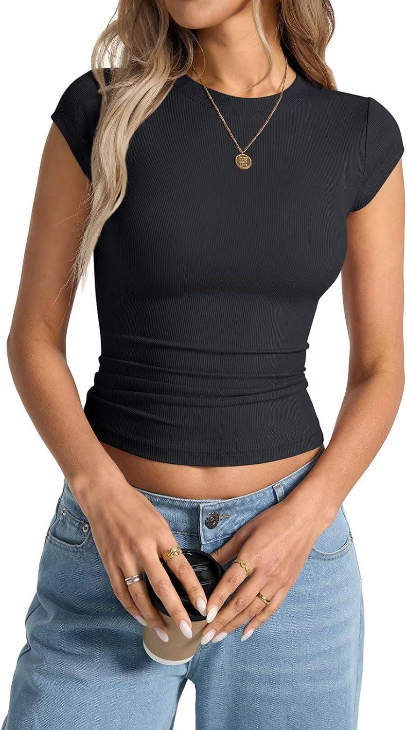 image:imageWomens Cap Sleeve Tops Summer Crew Neck Short Sleeve Shirts Slim Fit Basic Ribbed Tees Y2K Going Out Crop TopsBlack