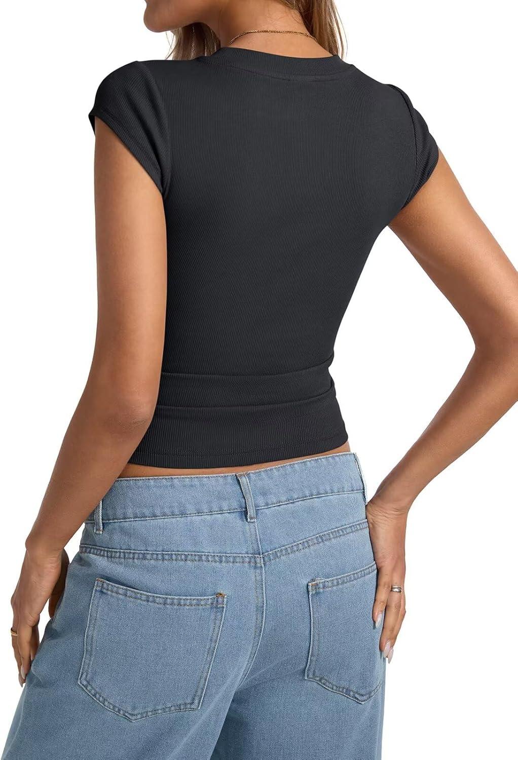 image:imageWomens Cap Sleeve Tops Summer Crew Neck Short Sleeve Shirts Slim Fit Basic Ribbed Tees Y2K Going Out Crop TopsBlack