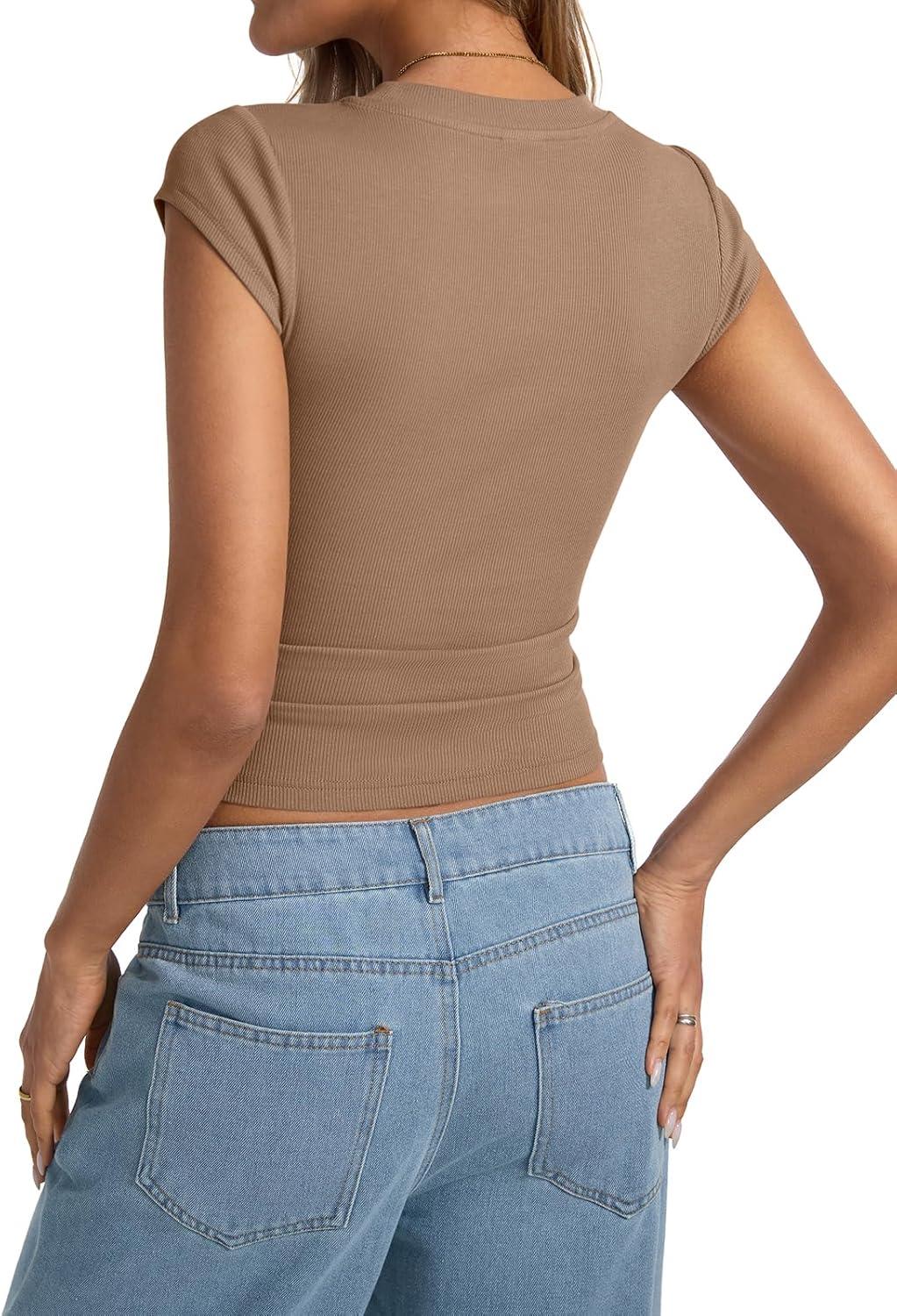 image:imageWomens Cap Sleeve Tops Summer Crew Neck Short Sleeve Shirts Slim Fit Basic Ribbed Tees Y2K Going Out Crop TopsBrown