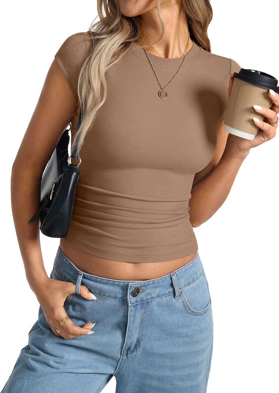 image:imageWomens Cap Sleeve Tops Summer Crew Neck Short Sleeve Shirts Slim Fit Basic Ribbed Tees Y2K Going Out Crop TopsBrown