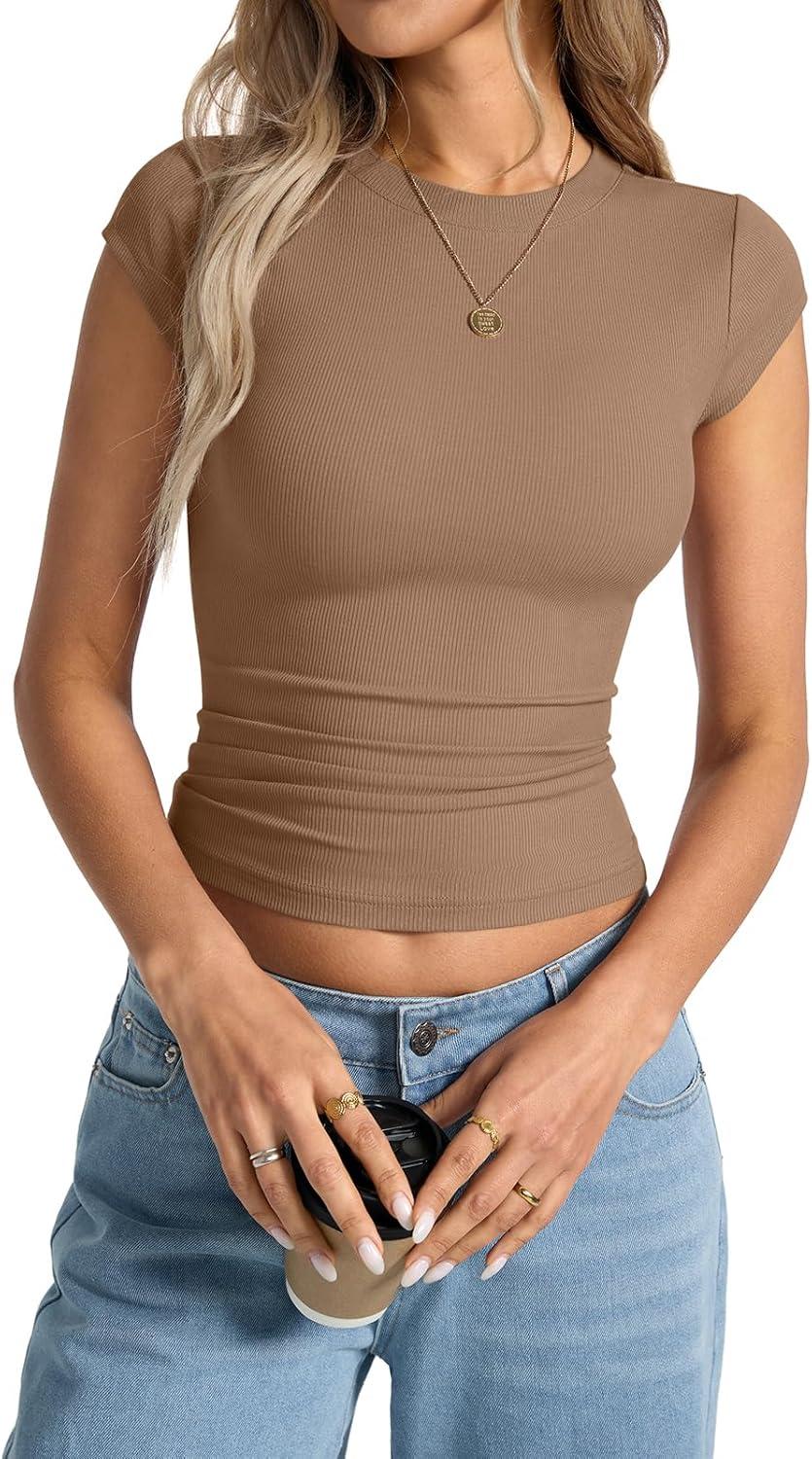 image:imageWomens Cap Sleeve Tops Summer Crew Neck Short Sleeve Shirts Slim Fit Basic Ribbed Tees Y2K Going Out Crop TopsBrown