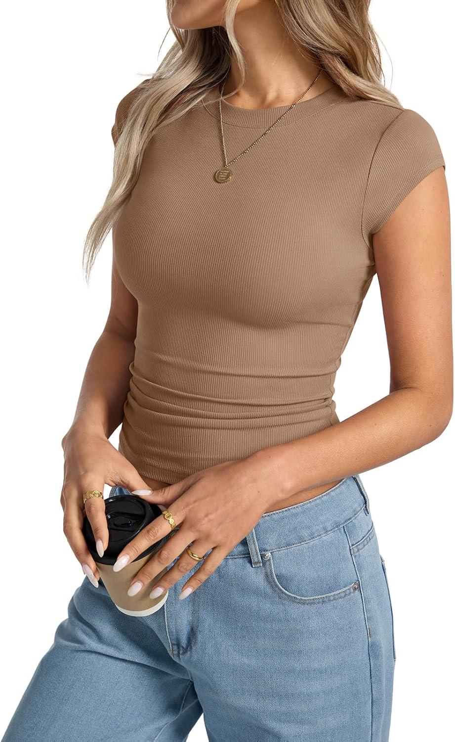 image:imageWomens Cap Sleeve Tops Summer Crew Neck Short Sleeve Shirts Slim Fit Basic Ribbed Tees Y2K Going Out Crop TopsBrown