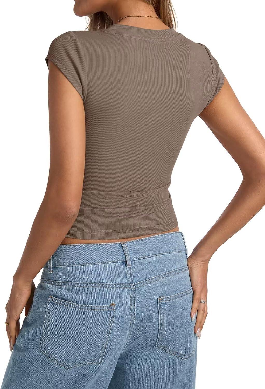 image:imageWomens Cap Sleeve Tops Summer Crew Neck Short Sleeve Shirts Slim Fit Basic Ribbed Tees Y2K Going Out Crop TopsCoffee