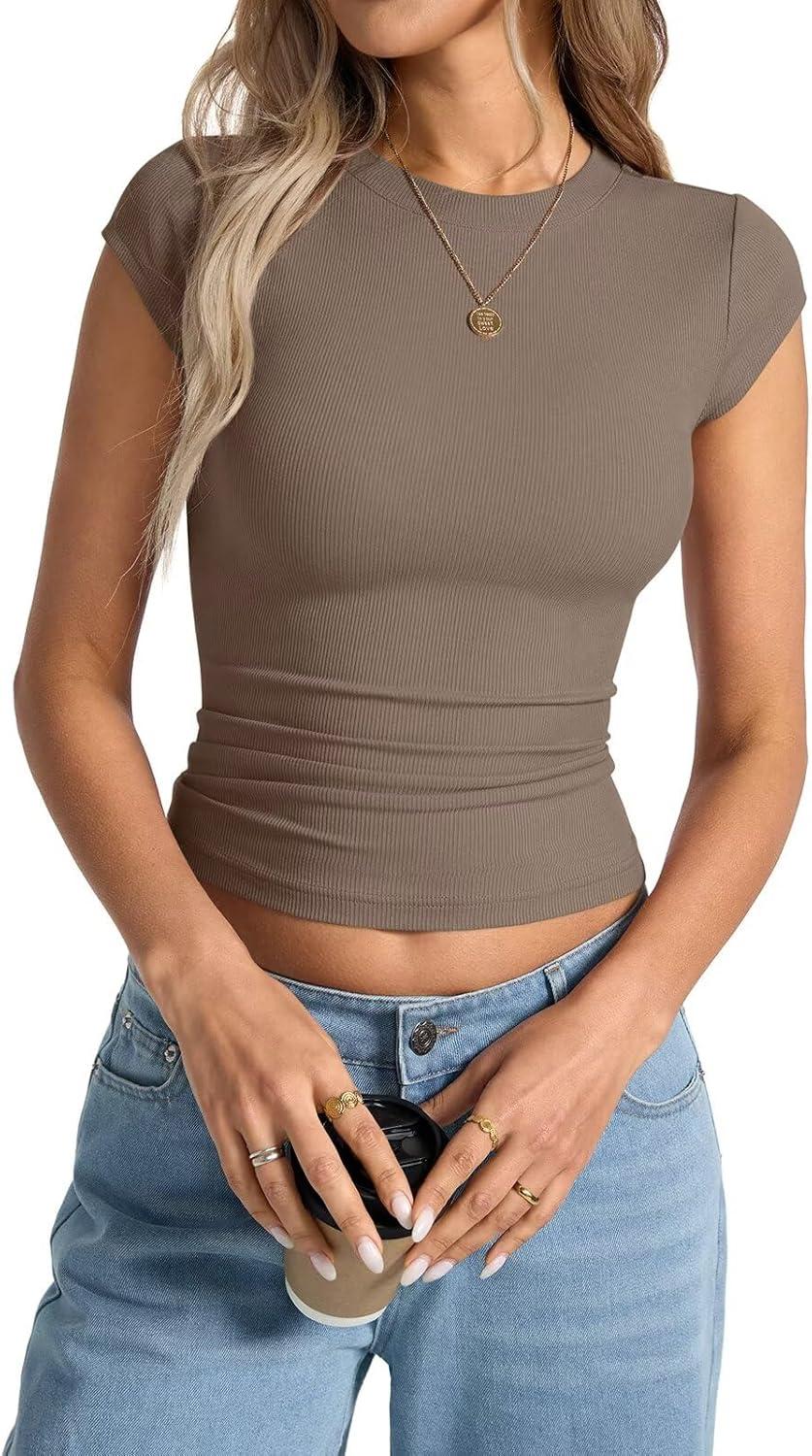 image:imageWomens Cap Sleeve Tops Summer Crew Neck Short Sleeve Shirts Slim Fit Basic Ribbed Tees Y2K Going Out Crop TopsCoffee