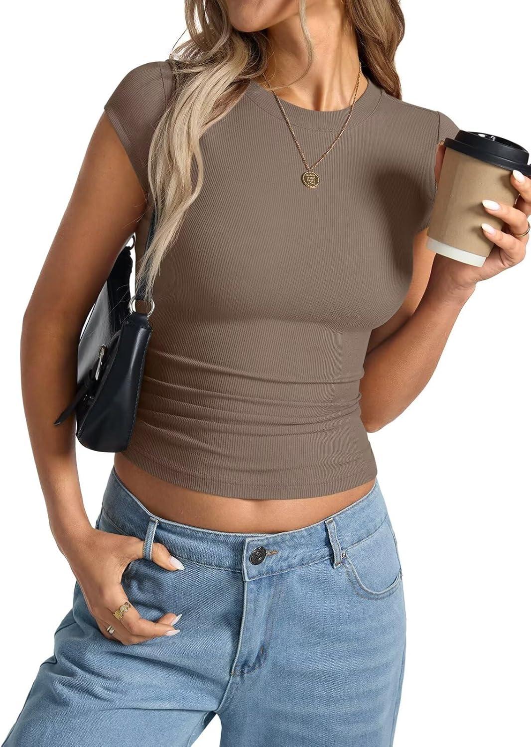 image:imageWomens Cap Sleeve Tops Summer Crew Neck Short Sleeve Shirts Slim Fit Basic Ribbed Tees Y2K Going Out Crop TopsCoffee