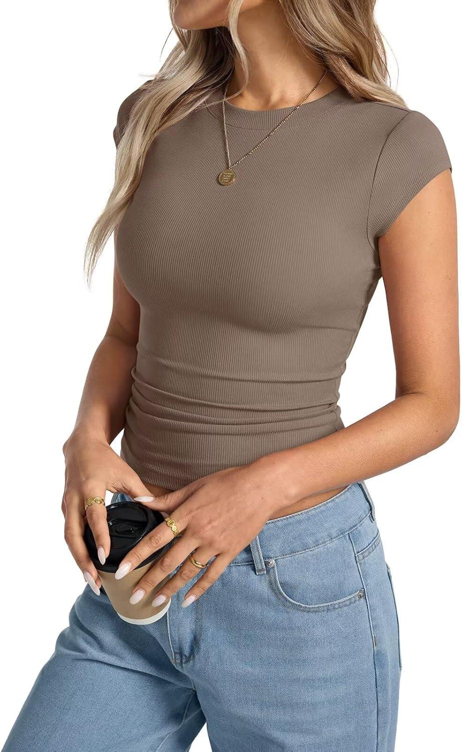 image:imageWomens Cap Sleeve Tops Summer Crew Neck Short Sleeve Shirts Slim Fit Basic Ribbed Tees Y2K Going Out Crop TopsCoffee