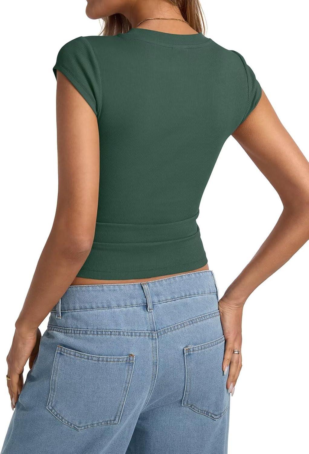 image:imageWomens Cap Sleeve Tops Summer Crew Neck Short Sleeve Shirts Slim Fit Basic Ribbed Tees Y2K Going Out Crop TopsForest Green