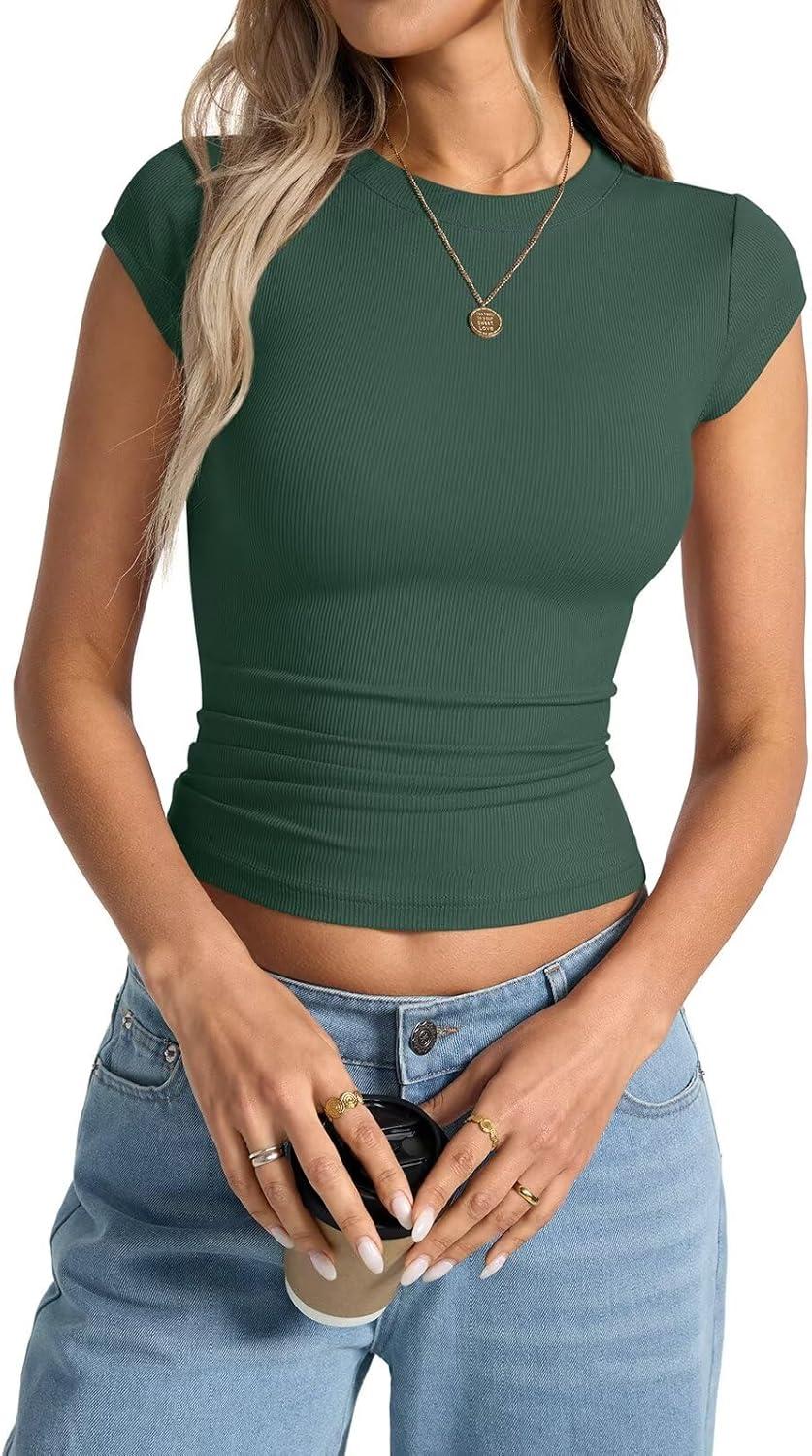 image:imageWomens Cap Sleeve Tops Summer Crew Neck Short Sleeve Shirts Slim Fit Basic Ribbed Tees Y2K Going Out Crop TopsForest Green