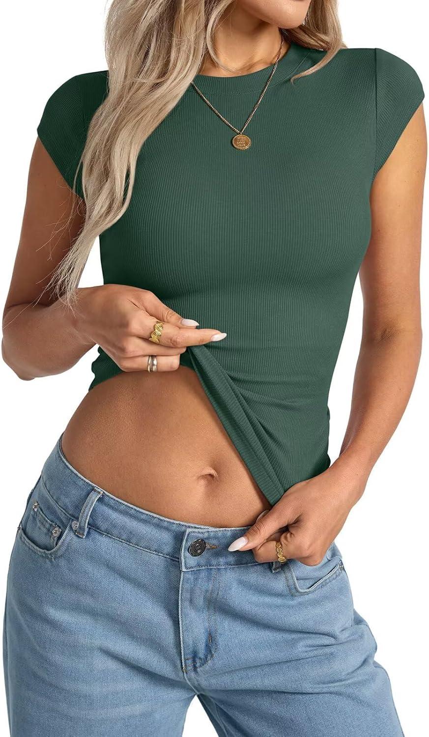 image:imageWomens Cap Sleeve Tops Summer Crew Neck Short Sleeve Shirts Slim Fit Basic Ribbed Tees Y2K Going Out Crop TopsForest Green