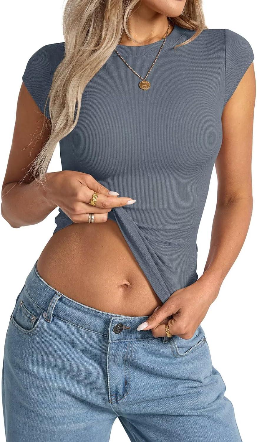 image:imageWomens Cap Sleeve Tops Summer Crew Neck Short Sleeve Shirts Slim Fit Basic Ribbed Tees Y2K Going Out Crop TopsGray Blue