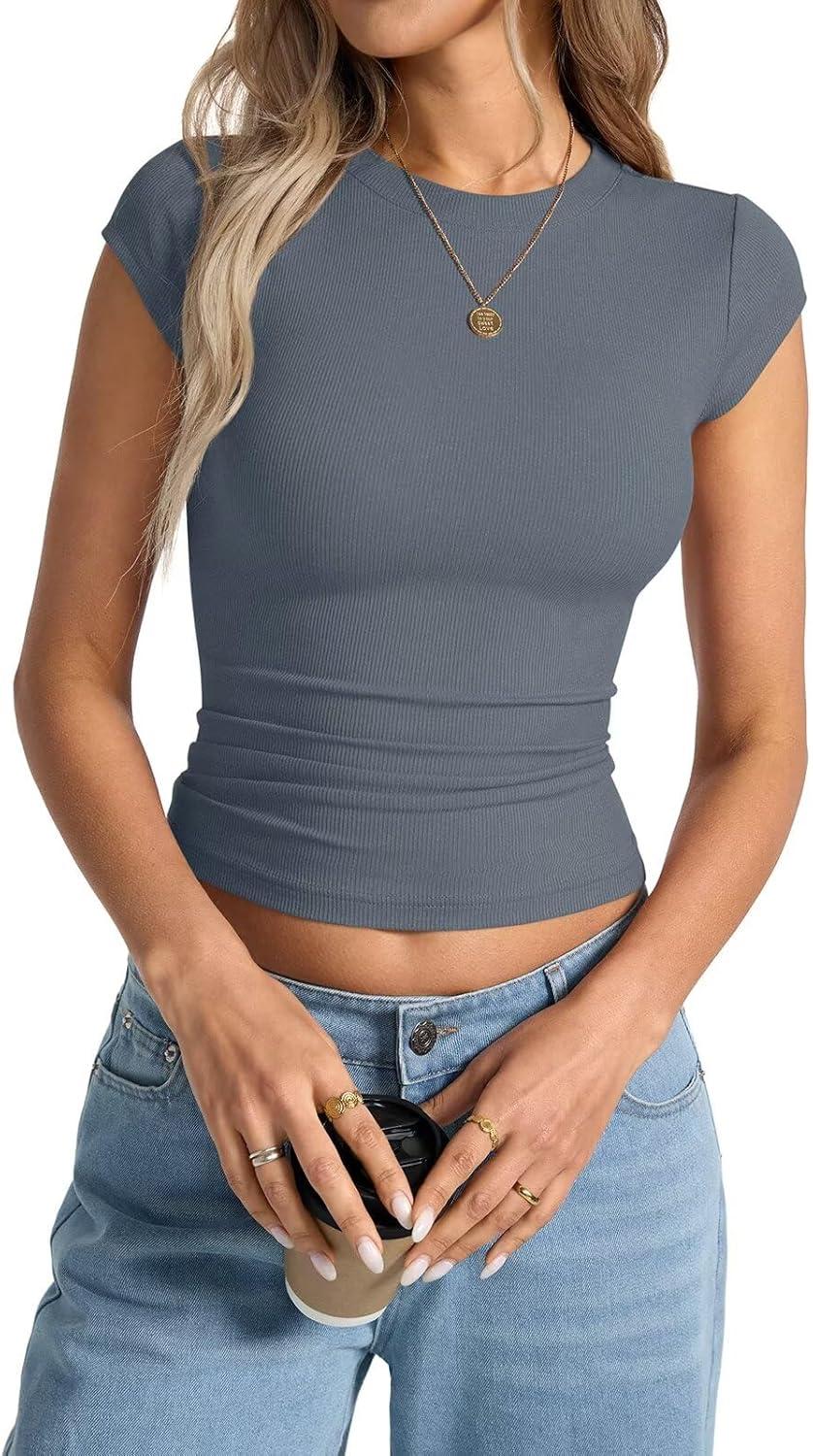 image:imageWomens Cap Sleeve Tops Summer Crew Neck Short Sleeve Shirts Slim Fit Basic Ribbed Tees Y2K Going Out Crop TopsGray Blue