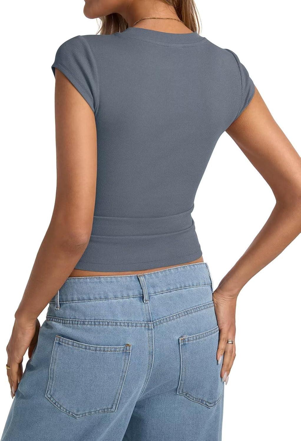 image:imageWomens Cap Sleeve Tops Summer Crew Neck Short Sleeve Shirts Slim Fit Basic Ribbed Tees Y2K Going Out Crop TopsGray Blue