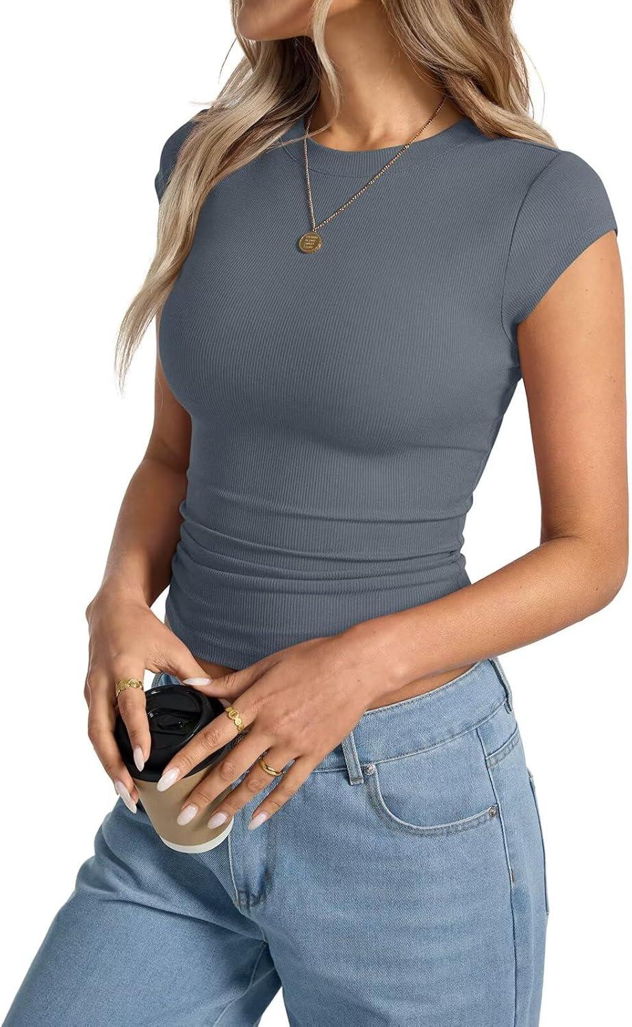 image:imageWomens Cap Sleeve Tops Summer Crew Neck Short Sleeve Shirts Slim Fit Basic Ribbed Tees Y2K Going Out Crop TopsGray Blue