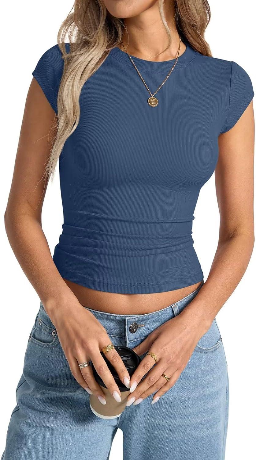 image:imageWomens Cap Sleeve Tops Summer Crew Neck Short Sleeve Shirts Slim Fit Basic Ribbed Tees Y2K Going Out Crop TopsHaze Blue
