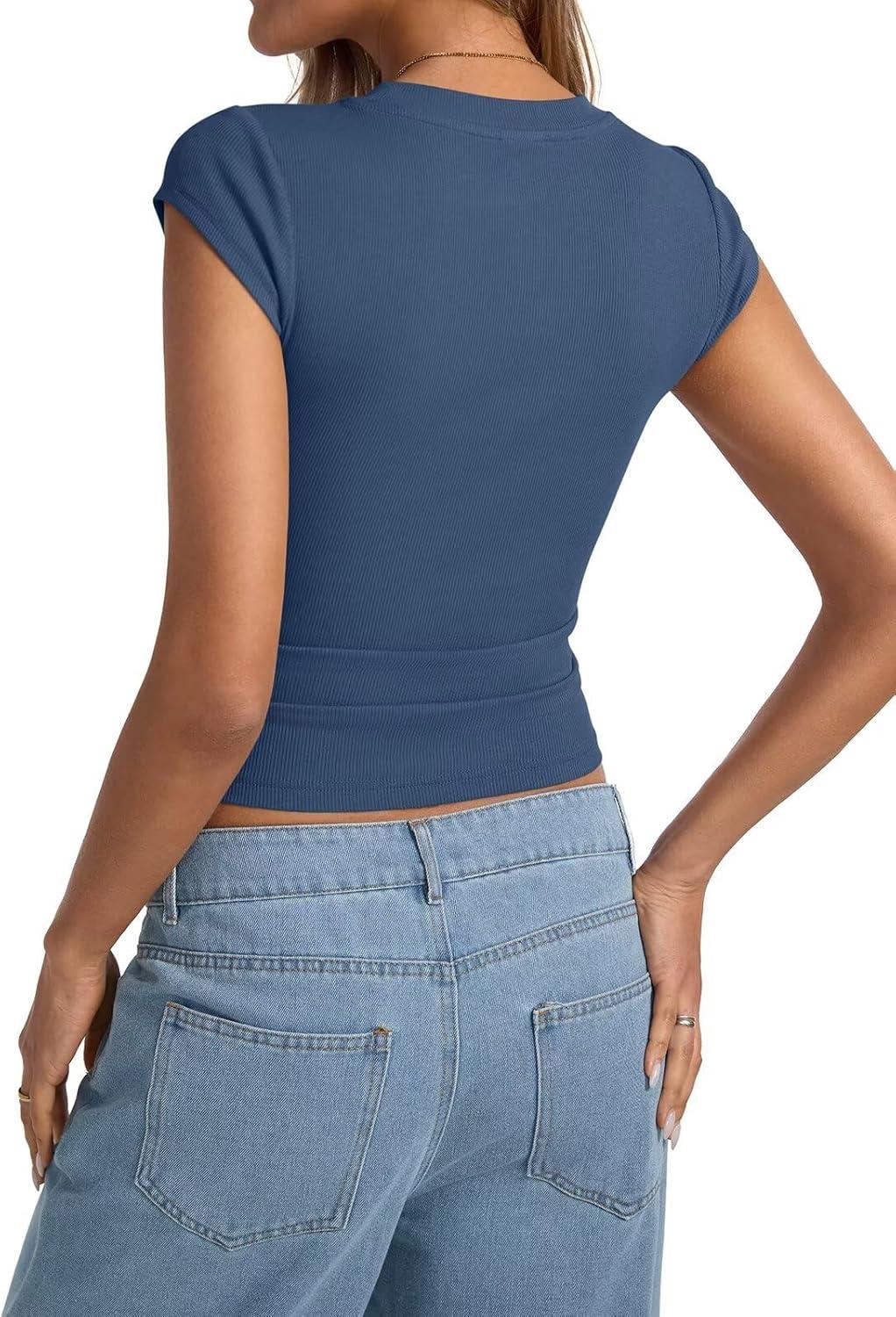 image:imageWomens Cap Sleeve Tops Summer Crew Neck Short Sleeve Shirts Slim Fit Basic Ribbed Tees Y2K Going Out Crop TopsHaze Blue