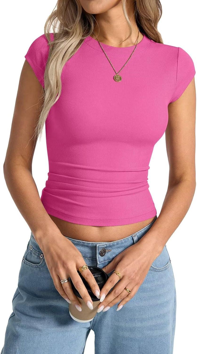 image:imageWomens Cap Sleeve Tops Summer Crew Neck Short Sleeve Shirts Slim Fit Basic Ribbed Tees Y2K Going Out Crop TopsHot Pink