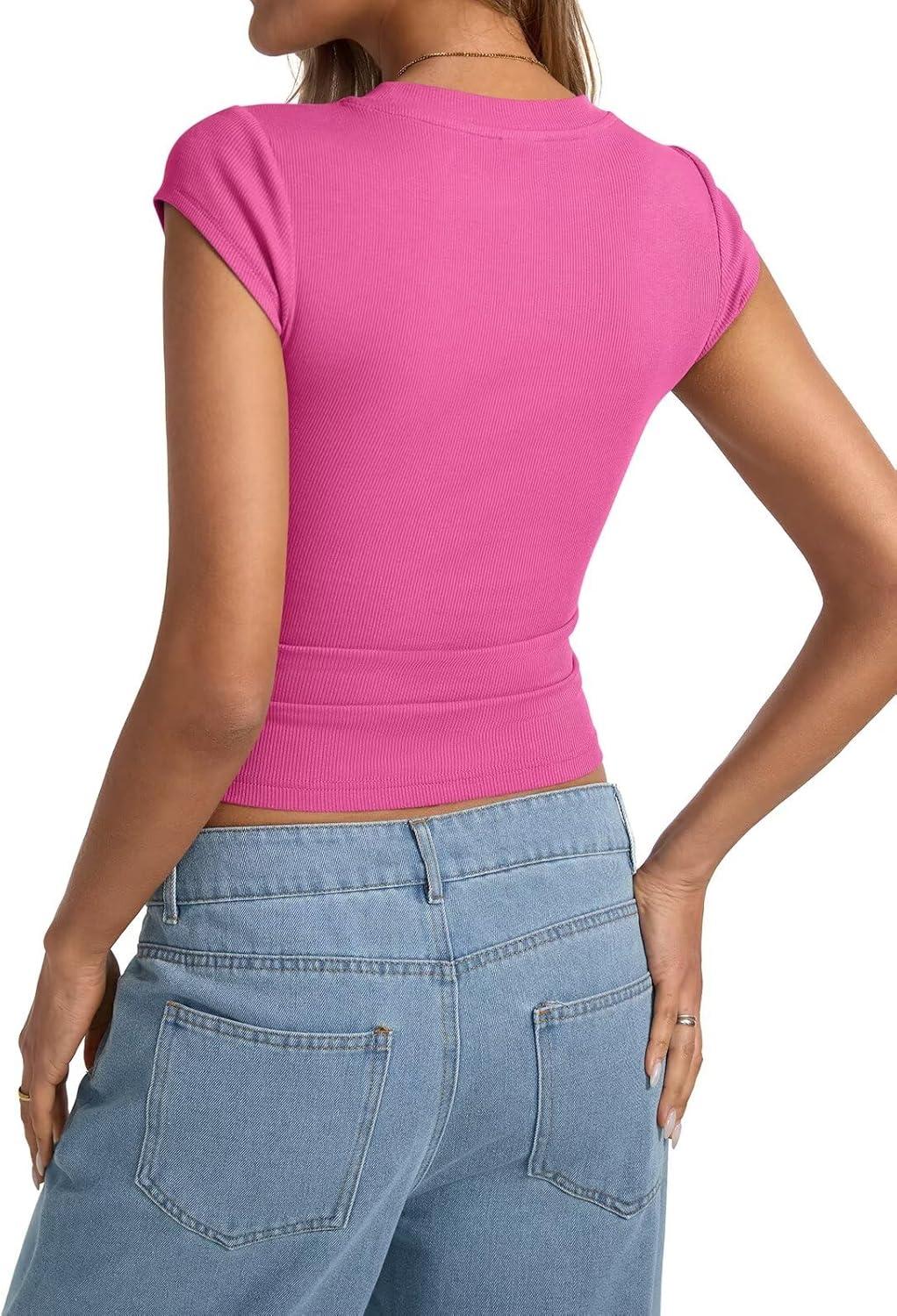image:imageWomens Cap Sleeve Tops Summer Crew Neck Short Sleeve Shirts Slim Fit Basic Ribbed Tees Y2K Going Out Crop TopsHot Pink