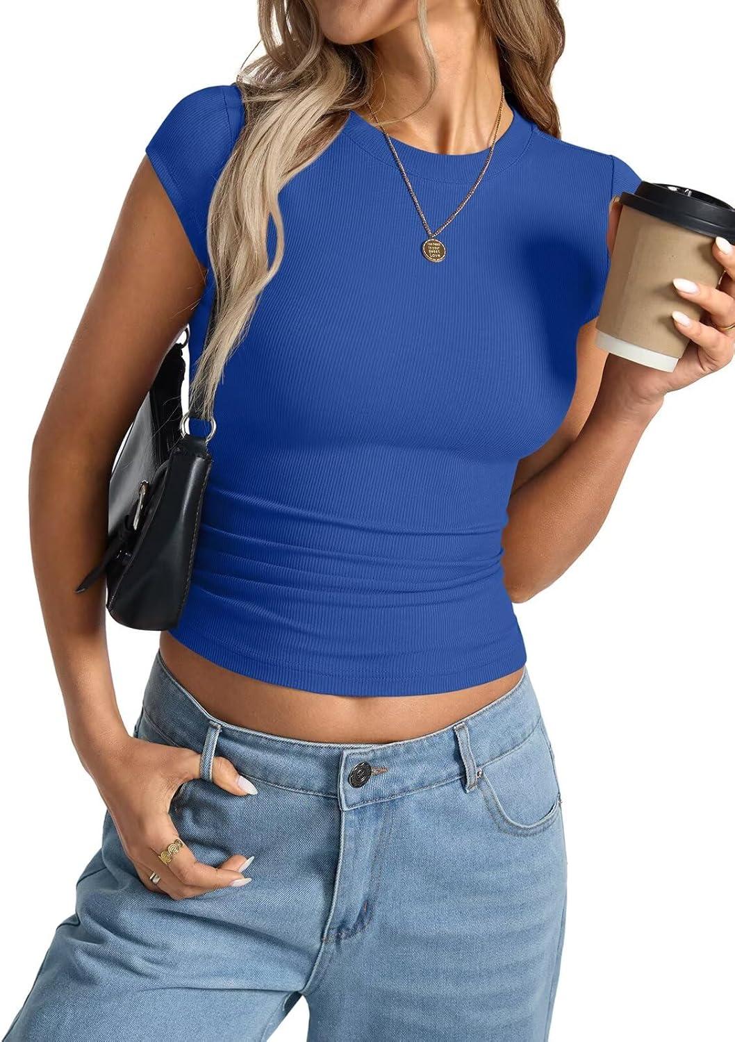 image:imageWomens Cap Sleeve Tops Summer Crew Neck Short Sleeve Shirts Slim Fit Basic Ribbed Tees Y2K Going Out Crop TopsRoyal Blue