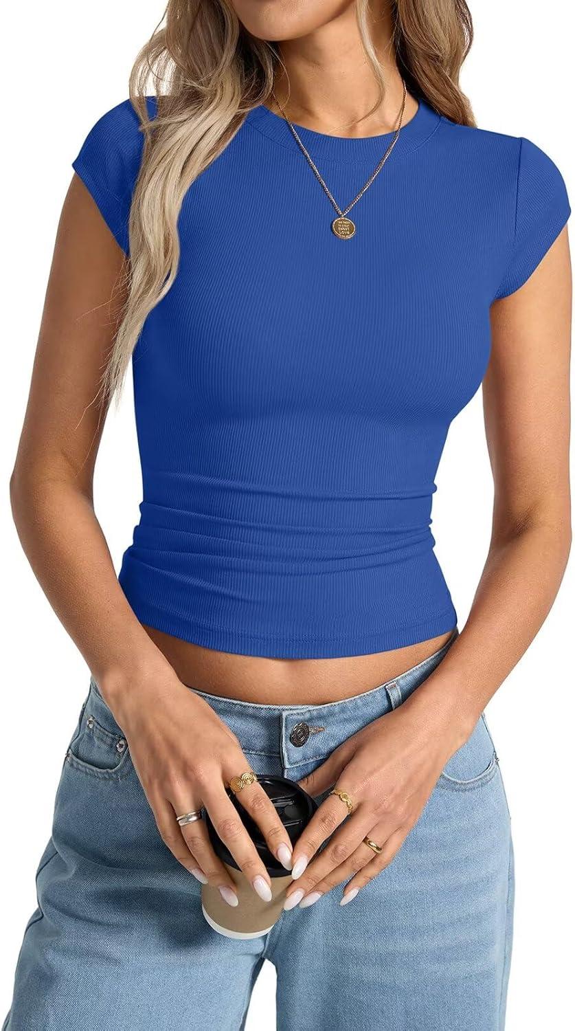image:imageWomens Cap Sleeve Tops Summer Crew Neck Short Sleeve Shirts Slim Fit Basic Ribbed Tees Y2K Going Out Crop TopsRoyal Blue
