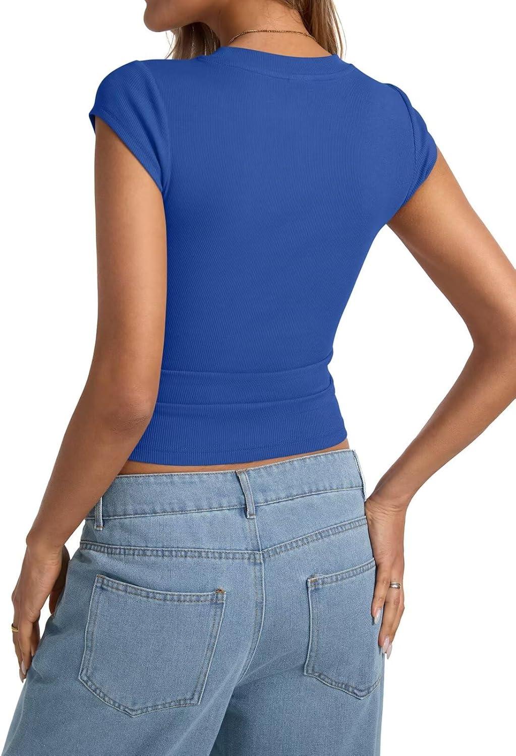 image:imageWomens Cap Sleeve Tops Summer Crew Neck Short Sleeve Shirts Slim Fit Basic Ribbed Tees Y2K Going Out Crop TopsRoyal Blue
