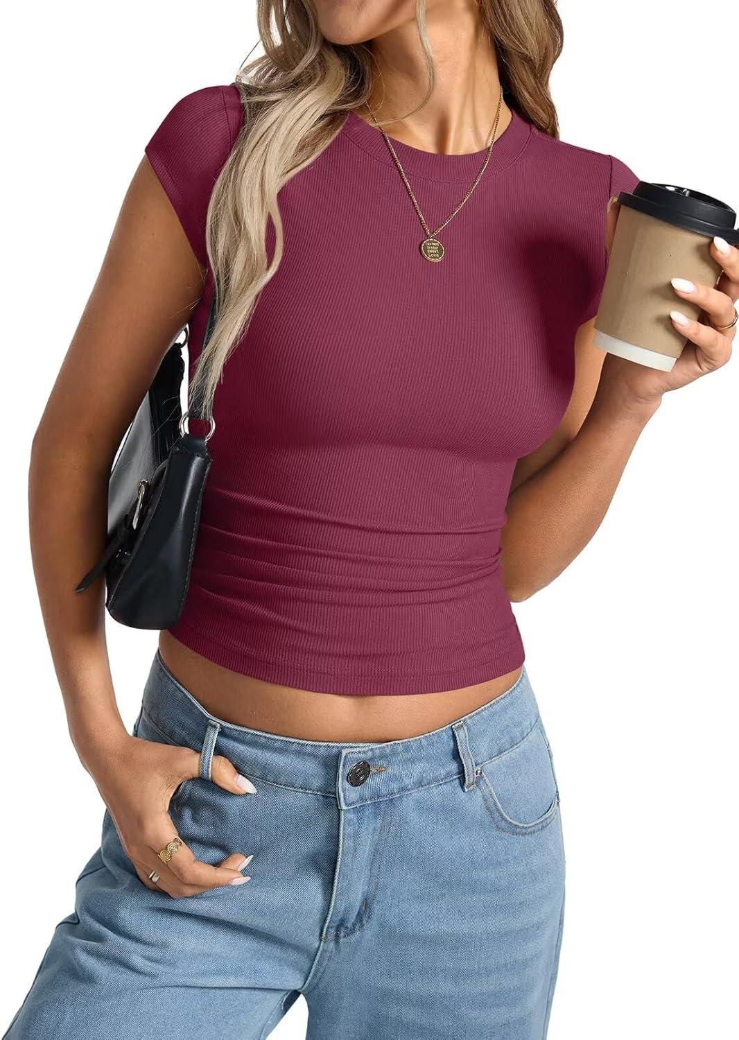 image:imageWomens Cap Sleeve Tops Summer Crew Neck Short Sleeve Shirts Slim Fit Basic Ribbed Tees Y2K Going Out Crop TopsWine Red